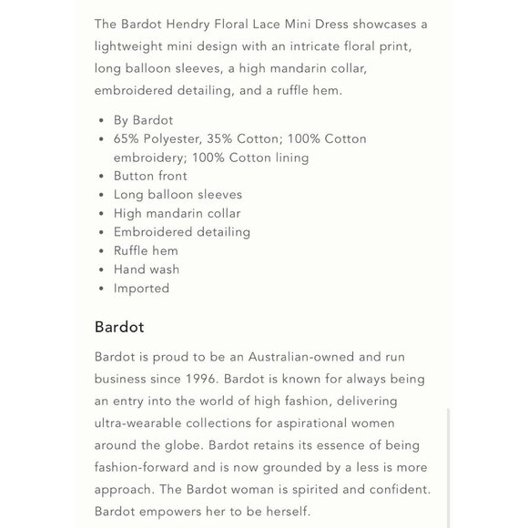 NWT Size 12 - Bardot Hendry Long-Sleeve Floral Lace Mini Dress ( NWT US$ 199) - Picture 5 of 12